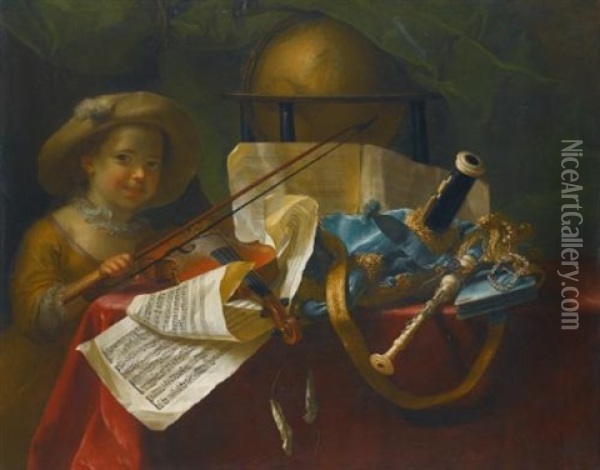 A Still Life Of Pipes, A Globe, An Engraved Musical Score Of A French Overture And A Violin On A Table Draped With A Red Cloth, A Young Girl Looking On Oil Painting - Nicolas Henry Jeaurat De Bertry