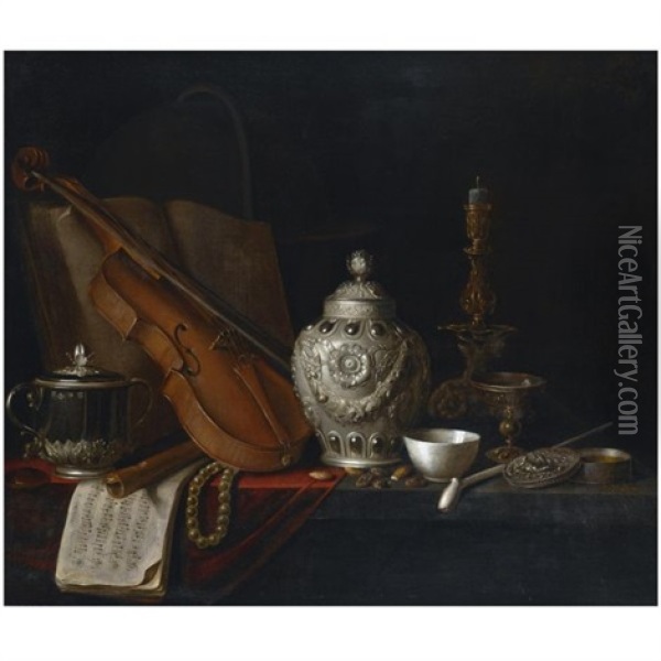 A Still Life With A Silver Ginger Jar, A Violin, A Pearl Necklace, A Recorder, Music Sheets, A Silver Porringer, A Book, A Globe, A Gilt Candlestick, A Glass, A Porcela Oil Painting - Pieter Gerritsz van Roestraten