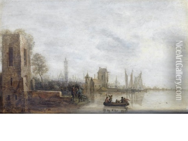 Figures In A Ferry Approaching A Harbour Oil Painting - Gillis (Egidius I) Peeters