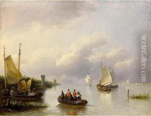 Sailing Vessels In An Estuary Oil Painting - Johann Hendrik Morrien