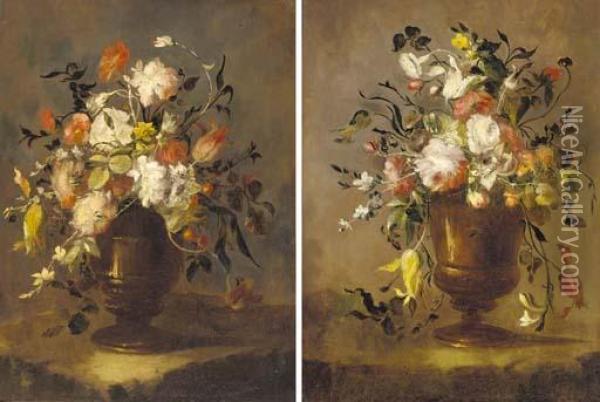 Roses, Tulips, Narcissi And 
Other Flowers In An Urn On A Ledge; And Roses, Daffodils, Tulips, 
Carnations And Other Flowers In An Urn On A Ledge Oil Painting - Francesco Guardi