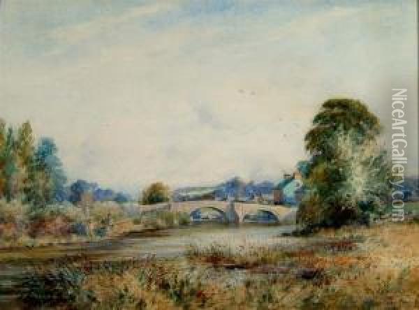 Pooley Bridge, Ullswater Looking Down The River Oil Painting - William Woolard