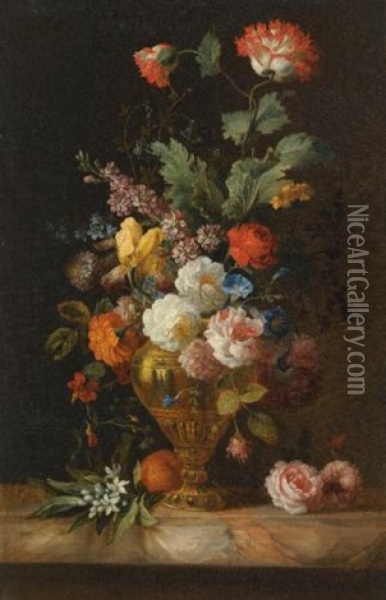A Still Life Of Roses And Other Flowers In A Metal Vase On A Marble Ledge Oil Painting - Jakob Bogdani