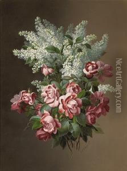 Cut Roses And Lilies Oil Painting - Raoul Maucherat de Longpre