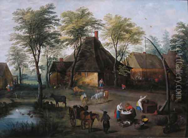 Peasants at work in a farmyard Oil Painting - Isaak van Oosten