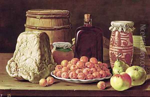 Still Life with Fruit and Cheese Oil Painting - Luis Egidio Menendez or Melendez