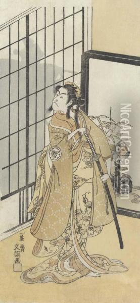 Full-length Portrait Of The Actor Matsumoto Koshiro In A Femalerole, The Silhouette Of A Male Figure Visible Through The Shojiscreen Oil Painting - Ippitsusai Buncho