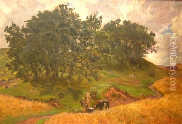 Egetraeer Paa En Banke, Holmstrup 1905, Sommer Oil Painting - Viggo Pedersen
