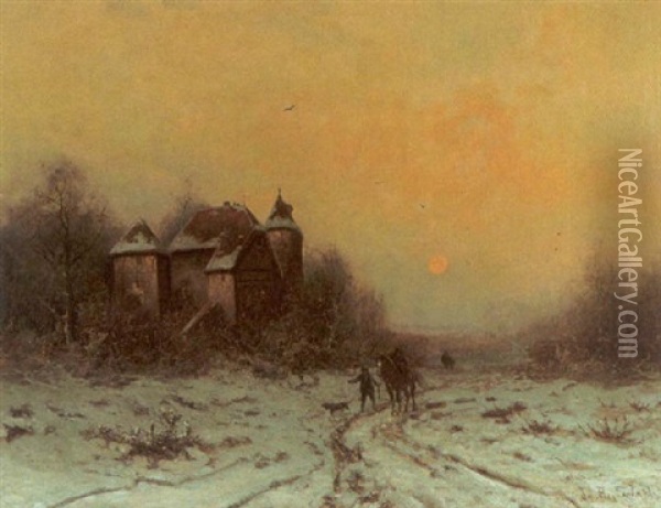 Winterlandschaft Mit Burg Bei Aufgehenem Mond (westfalen) Oil Painting - Friedrich Josef Nicolai Heydendahl