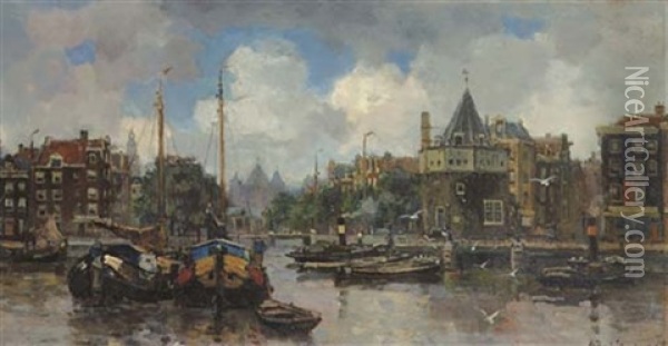 The Schreierstoren Along The Prins Hedrikkade, Amsterdam Oil Painting - Frans Langeveld
