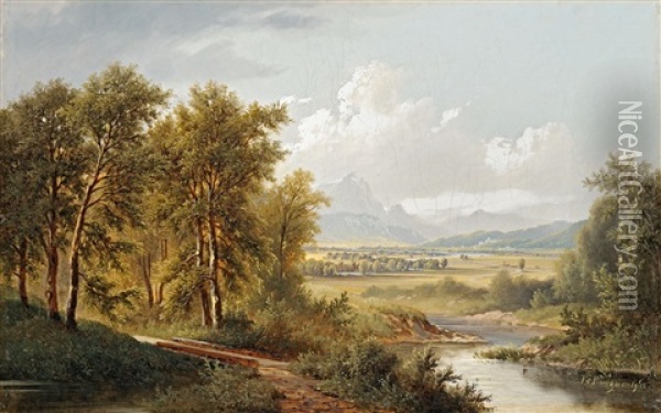 Riverbank Landscape Oil Painting - Josef Burgaritzky