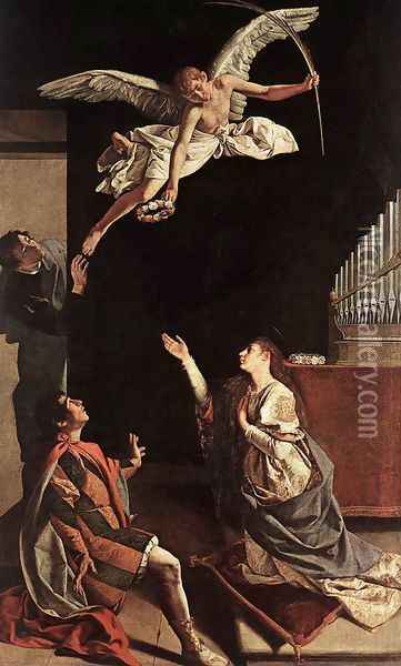 Sts Cecilia, Valerianus and Tiburtius c. 1620 Oil Painting - Orazio Gentileschi