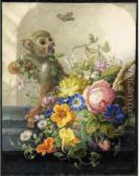 Still Life With A Monkey And A Basket Of Flowers On A Stone Ledge Oil Painting - Herman Henstenburgh