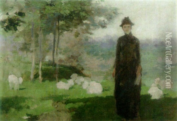 Shepherdess Oil Painting - Arthur B. Davies