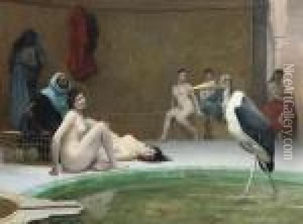 Le Marabout: In The Harem Bath Oil Painting - Jean-Leon Gerome