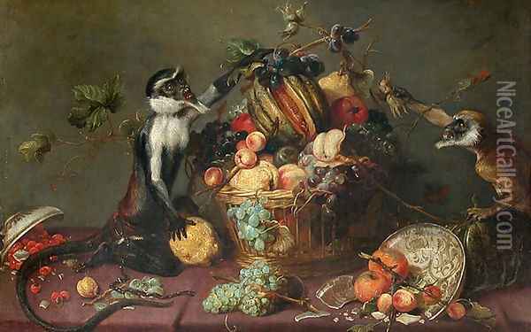 Two monkeys looting a fruit basket Oil Painting - Frans Snyders