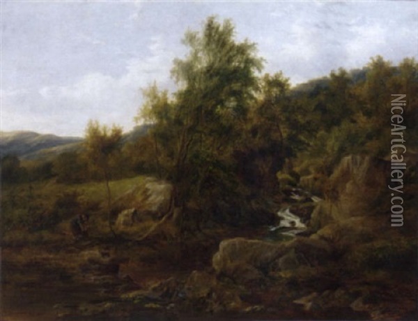 A Mother And Daughter On Stepping Stones Over A River Oil Painting - Thomas Creswick
