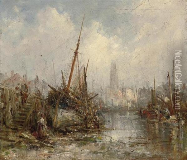 A Harbour Crowded With Fishing Boats At Low Tide Oil Painting - William Edward Webb