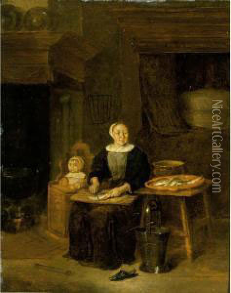 An Interior With A Woman Scaling
 Fish Together With A Child In A High Chair Near A Fireplace, A Bed In 
The Background Oil Painting - Quiringh Gerritsz. van Brekelenkam