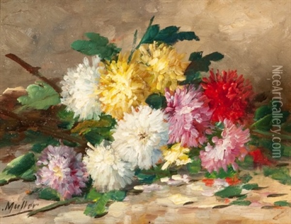 Still Life With Chrysanthemums Oil Painting - Carl Leopold Mueller
