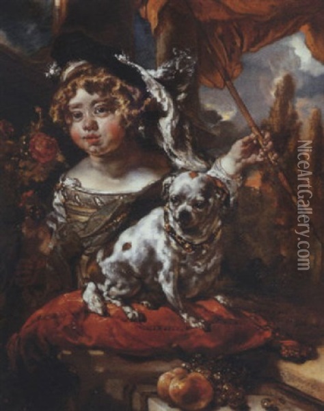 Portrait Of A Boy With A Falcon, Holding A Spear, His Pet Dog Seated On A Cushion Before Him Oil Painting - Jan van Noordt