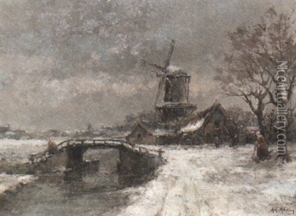 Winter Landscape With Windmill And Figures Near A Canal Oil Painting - Arnold Hendrik Koning