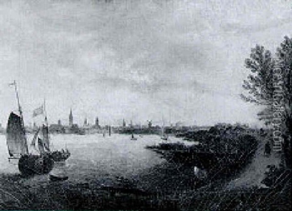 A River Landscape With Dutch Shipping And A Horseman On A Path In The Foreground, A City Beyond Oil Painting - Abraham de Verwer
