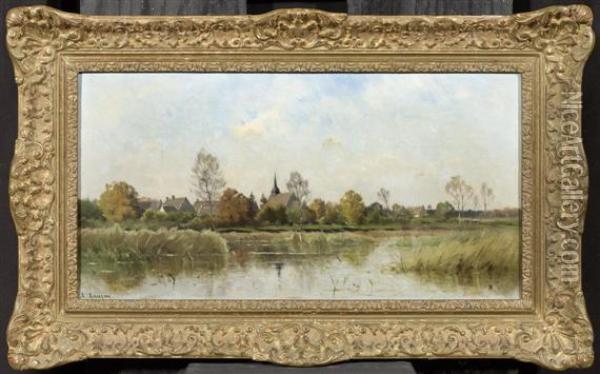 Village On A River Oil Painting - Adrien Jacques Sauzay