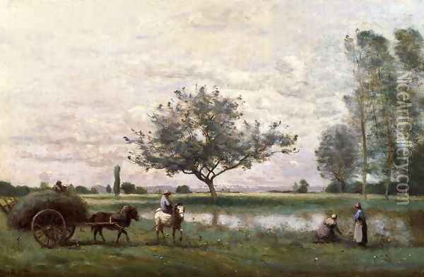 Haycart beside a River Oil Painting - Jean-Baptiste-Camille Corot