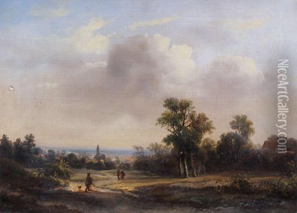 Landschaft Mit Kirchturm, Muhle, Hausern Und Passanten Oil Painting - Cornelis Kimmel