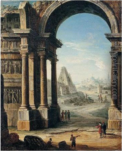 An Architectural Capriccio Of Classical Ruins With A Pyramid And Figures Oil Painting - Antonio Joli