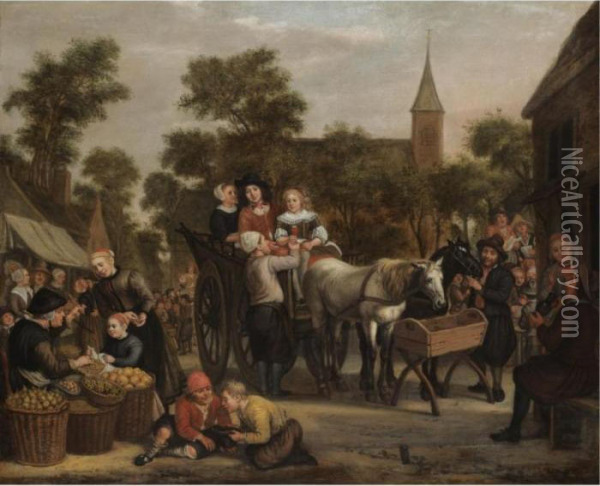A Market Scene, With A Horse And Cart And Travellers Taking Refreshment Oil Painting - Jan Victors