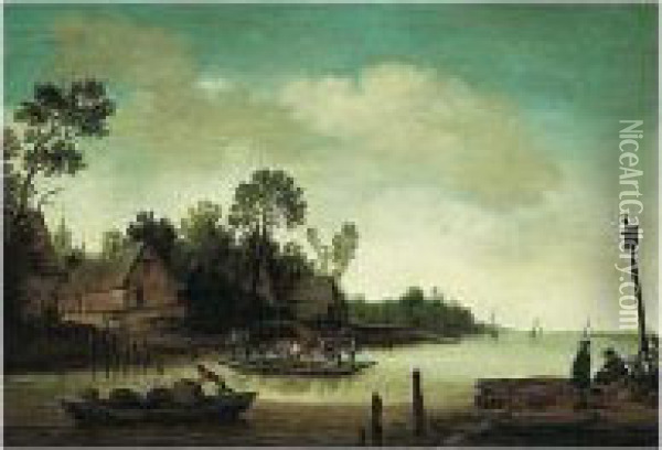 A River Landscape With A Ferry-boat Near A Village Oil Painting - Pieter de Bloot