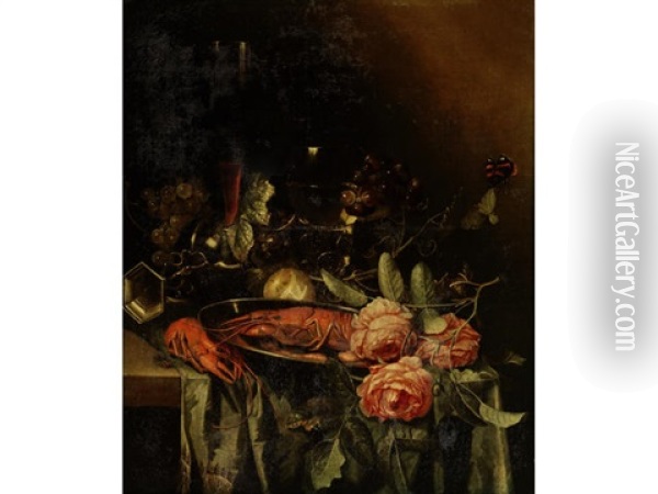 A Still Life Of Crayfish And Roses On A Pewter Plate, Grapes, A Roemer, A Tall Glass Beaker Of Red Wine, A Partly Peeled Lemon, An Overturned Pewter Cup And A Butterfly On A Green Cloth Draped On A Marble Ledge Oil Painting - Harmen Loeding