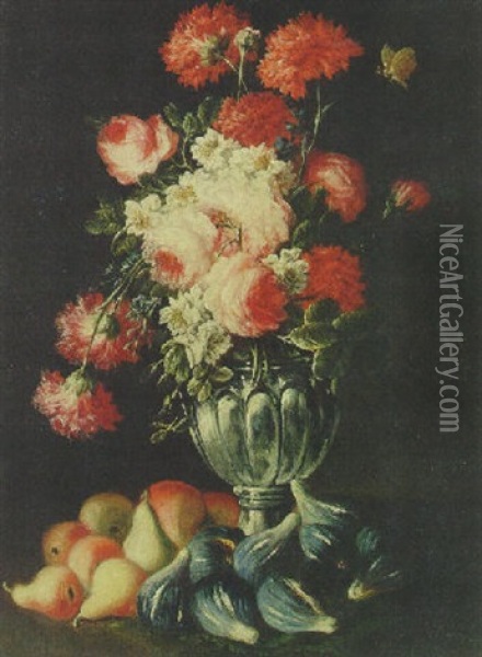 Flowers In An Urn With Figs And Pears On A Table Oil Painting - Andrea Belvedere