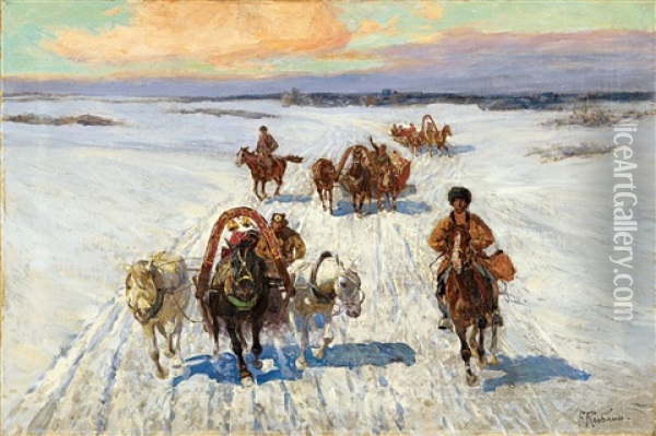 Tscherkessische Reiter Und Pferdefuhrwerke In Verschneiter Landschaft Oil Painting - Franz Roubaud