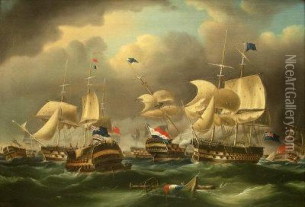 The English And Dutch Fleet Engaged In Battle Oil Painting - Richard Barnett Spencer