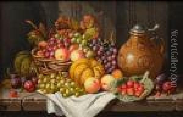 Still Life Of Fruit And A Stoneware Bellarmine On A Stone Ledge Oil Painting - Charles Thomas Bale