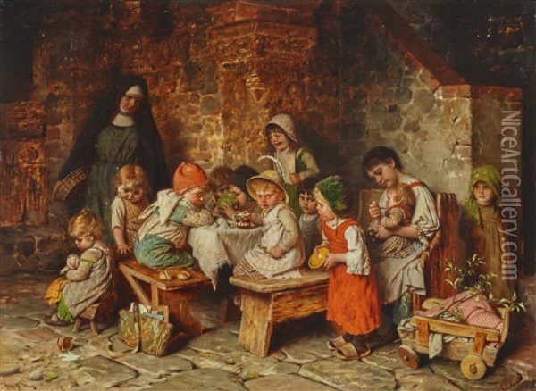 Children Eating In A Monastery Oil Painting - Hermann Kaulbach