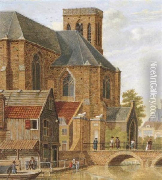 A Capriccio Of A Church By A Canal Oil Painting - Johannes Huibert (Hendric) Prins