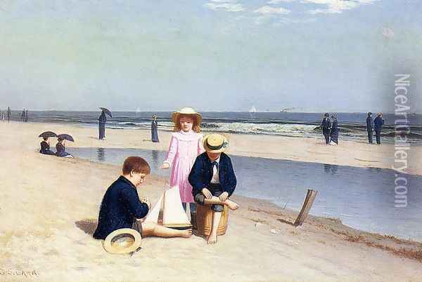 Children on the Beach Oil Painting - Samuel S. Carr