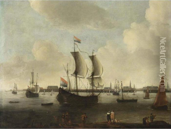An Extensive View Of The Roads Of A City With A Large Flute, A Small Cargo Ship, A Oil Painting - Hendrik van Minderhout