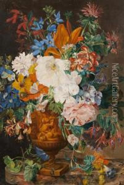 Still Life Of Insects And Flowers In A Terracotta Vase Oil Painting - Emily, Nee Coppin Stannard