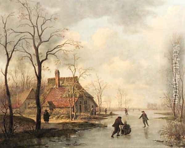 A winter landscape with skaters Oil Painting - Gerrit Hendrik Gbell