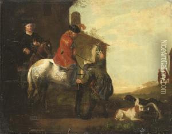 A Soldier Dismounting His Horse In A Landscape Oil Painting - Abraham Van Calraet