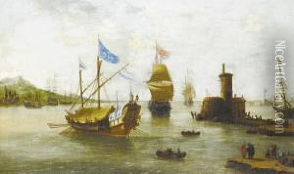 Shipping Approaching A Harbour In A Calm Oil Painting - Jan Peeters