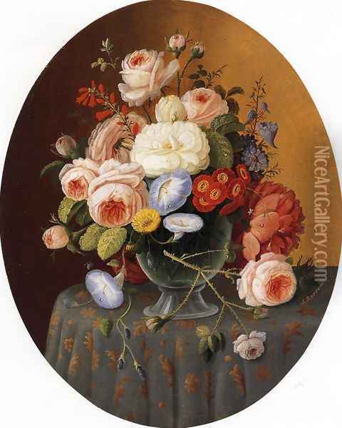 Floral Arrangement in a Glass Vase on a Clothed Table Oil Painting - Severin Roesen