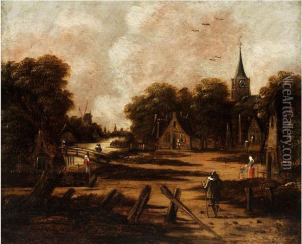 Abendliche Landschaft Mit Dorf Und Kirche Unter Baumen Oil Painting - Jan Meerhout