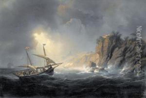 Sturmische Kustenpartie Mit Segelschiffen. Oil Painting - Antoine Leon Morel-Fatio
