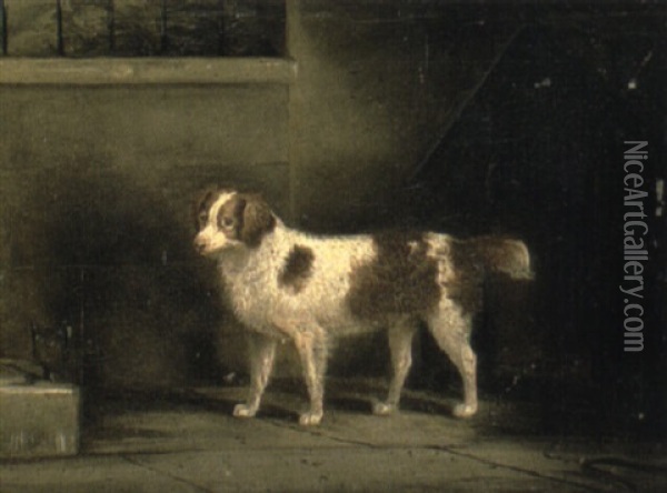 A Spaniel Outside A Kennel Oil Painting - John Vine